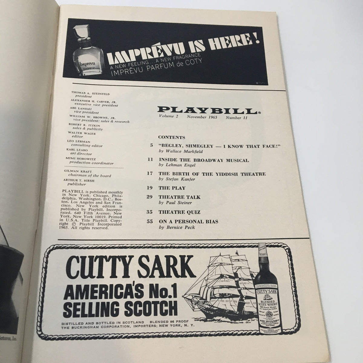 Inside page of the 1965 Playbill 'Generation' showcasing the contents and notable advertisements, highlighting important theatrical content.