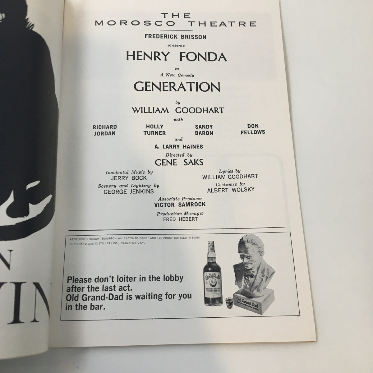 Page from the 1965 Playbill 'Generation' detailing the cast and creative team, including Henry Fonda and director Gene Saks, at the Morosco Theatre.