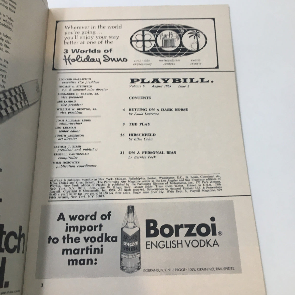 Inside page of the 1969 Playbill, featuring contents and advertisements, including the play Forty Carats by Abe Burrows.
