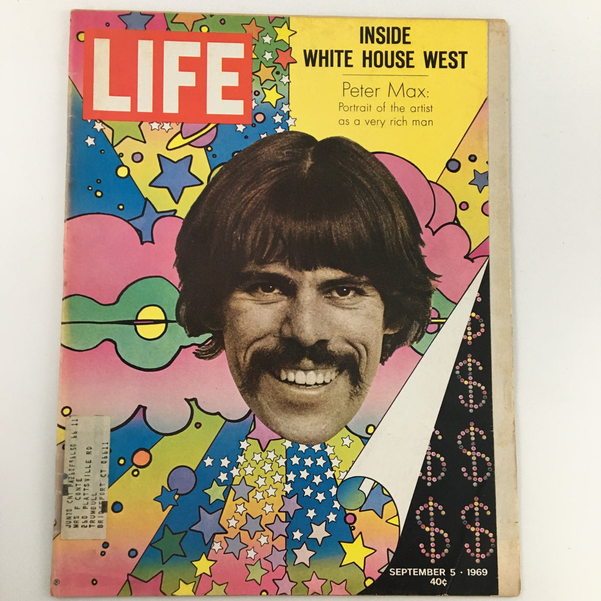 Vintage Life Magazine cover from September 5, 1969 featuring Peter Max as a Very Rich Man. The cover is adorned with psychedelic colors, abstract shapes, and a prominent portrait of Peter Max, emblematic of the vibrant art culture of the 1960s.