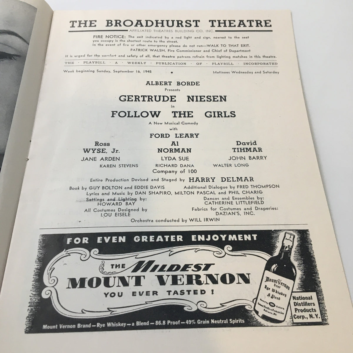 1945 Playbill for The Broadhurst Theatre, interior page featuring cast and production details of Follow The Girls, a musical by Harry Delmar, with advertisements.