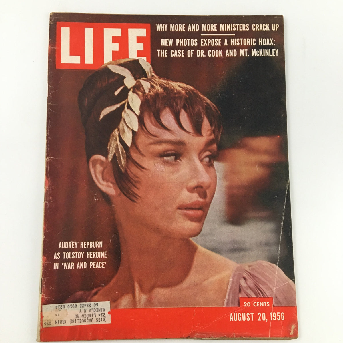 Vintage Life Magazine cover from August 20, 1956, featuring Audrey Hepburn in her role from the film 'War and Peace'. Highlights the iconic actress and the significance of mid-20th century cinema.