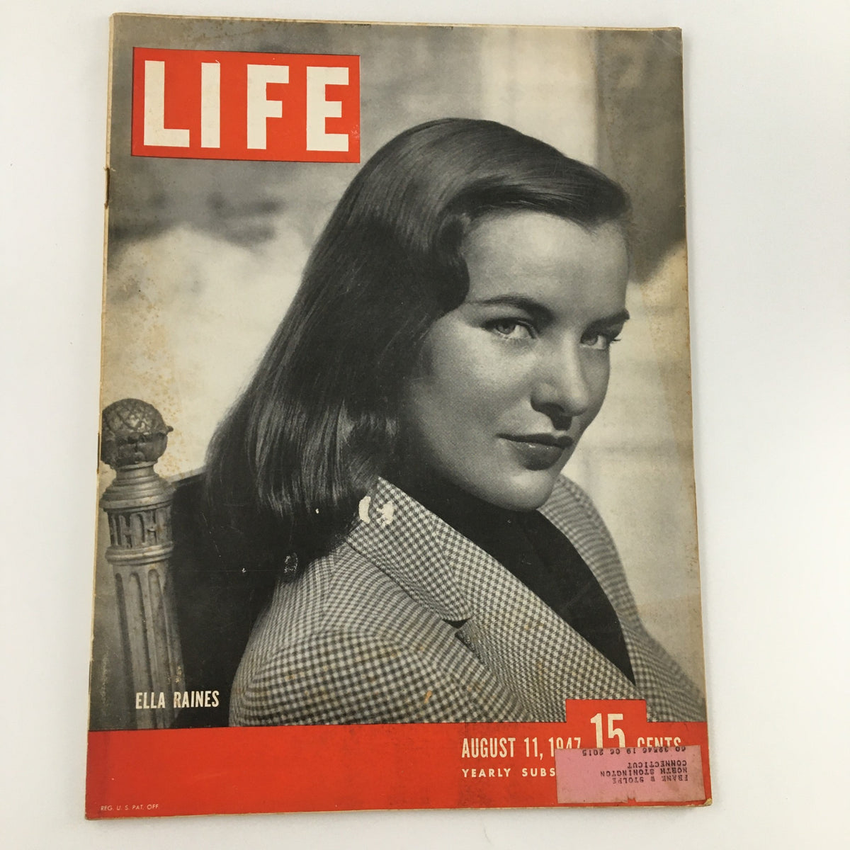 Vintage Life Magazine cover from August 11, 1947 featuring Ella Raines, showcasing an iconic image of post-war America and highlighting an atomic bomb feature.