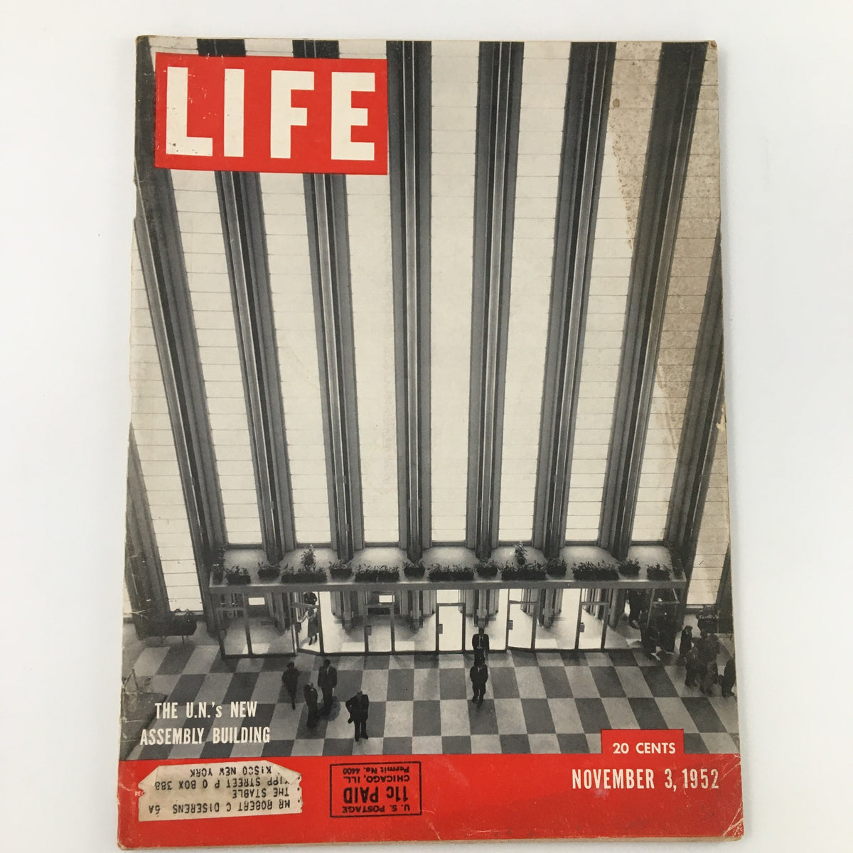 VTG Life Magazine Cover from November 3, 1952 featuring the United Nations' New Assembly Building, showcasing the building's interior and architectural design.