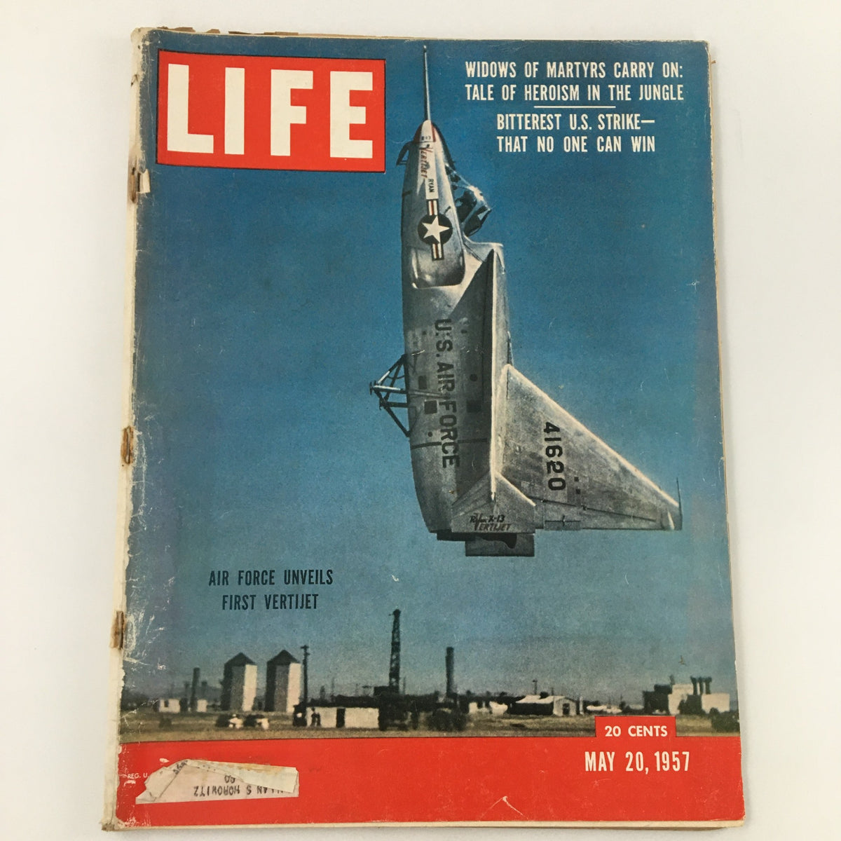 Cover of VTG Life Magazine from May 20, 1957, featuring the US Air Force's first Vertijet and notable articles including Air Force unveils first Vertijet.