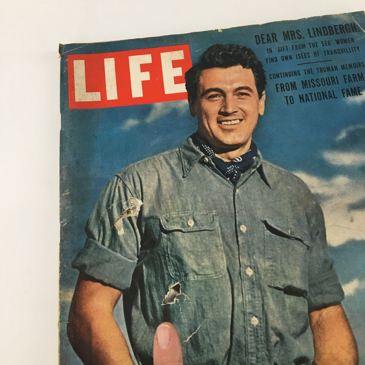 Close-up of VTG Life Magazine October 3 1955 cover, featuring Rock Hudson as Hollywood's Most Handsome Bachelor, showing visible wear and tear.