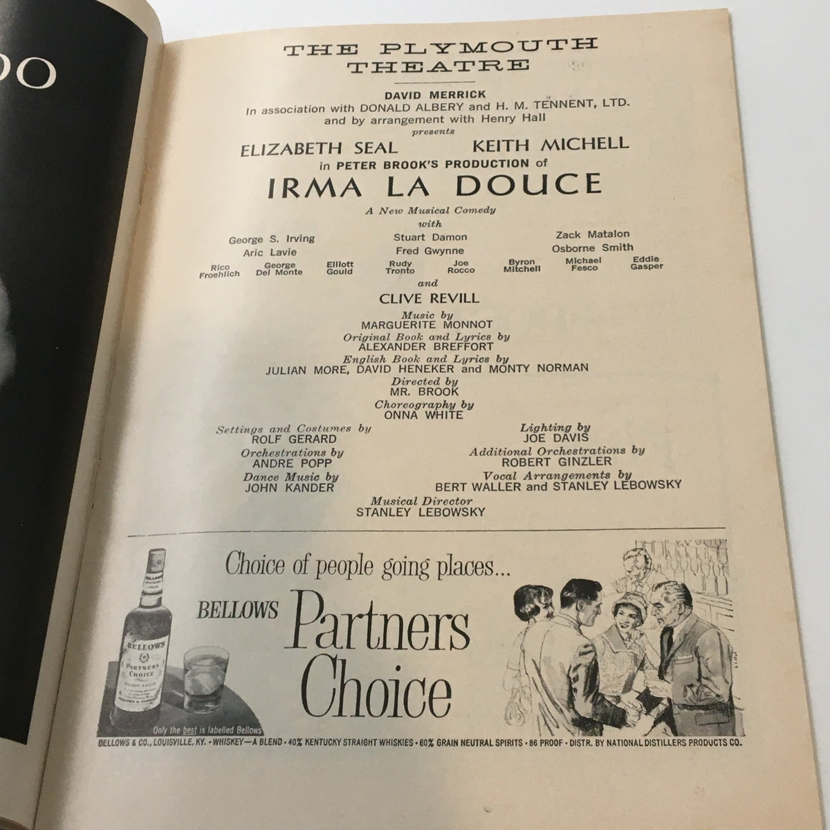 Cast and crew listing page of the 1961 Playbill for 'Irma La Douce' featuring key performers and production details.