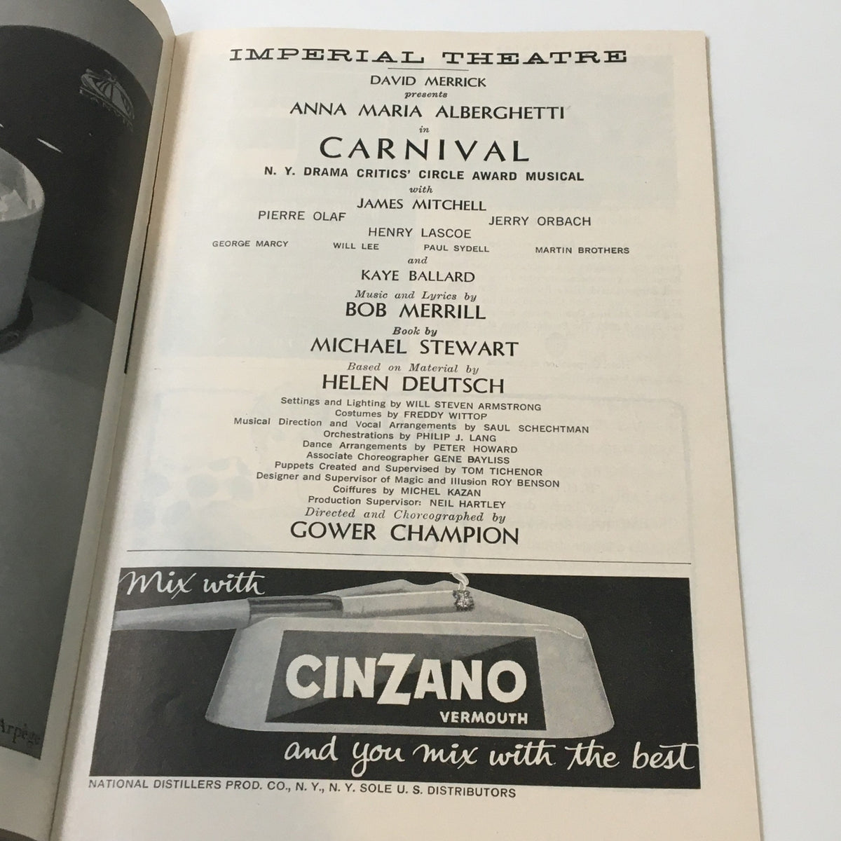 Cast and crew list from the 1962 Playbill, featuring Anna Maria Alberghetti in Carnival, produced by Gower Champion.