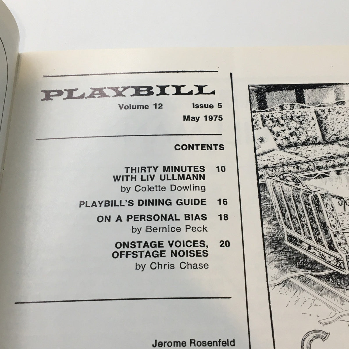 Inside page of the 1975 Playbill Shubert Theatre, displaying the contents section with information about the performance of Marcel Marceau.