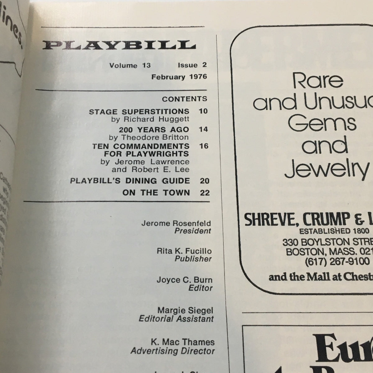 Interior page of the 1976 Playbill for Zalmen or The Madness of God, showing the contents section and details about the February issue.