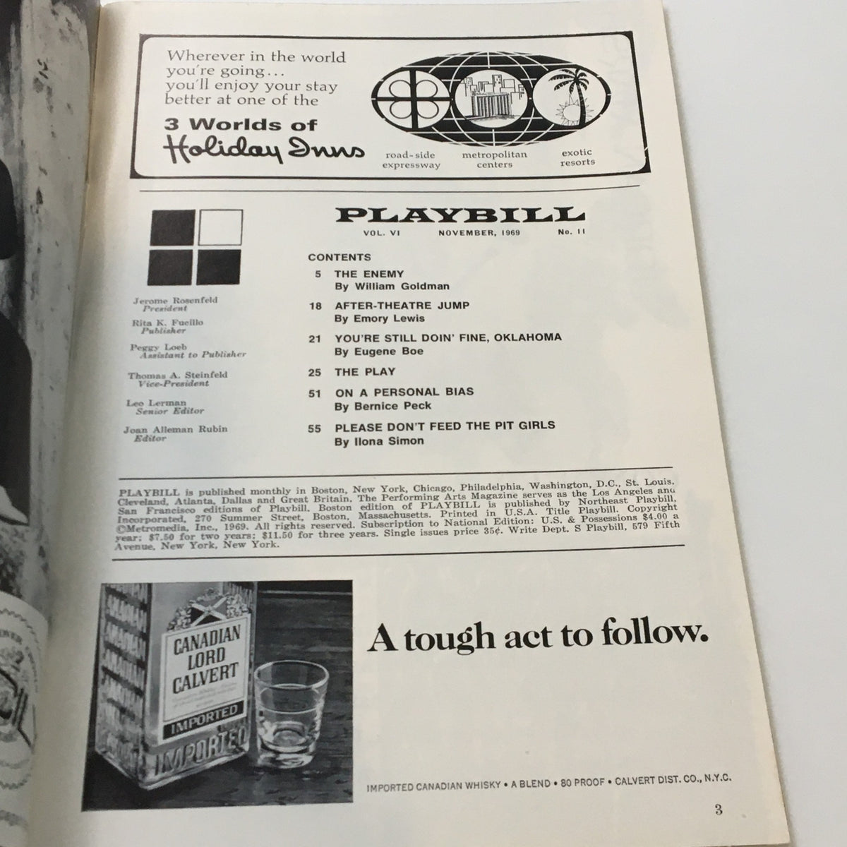 Interior page of the 1969 Playbill 'In The Matter of J. Robert Oppenheimer', showcasing the table of contents, including various theatrical pieces featured in that issue.
