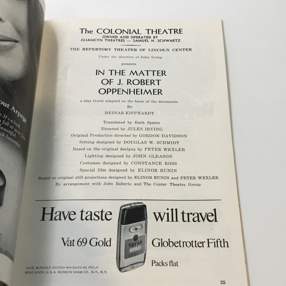 Inside view of the 1969 Playbill 'In The Matter of J. Robert Oppenheimer', displaying the cast and production team details at The Colonial Theatre.
