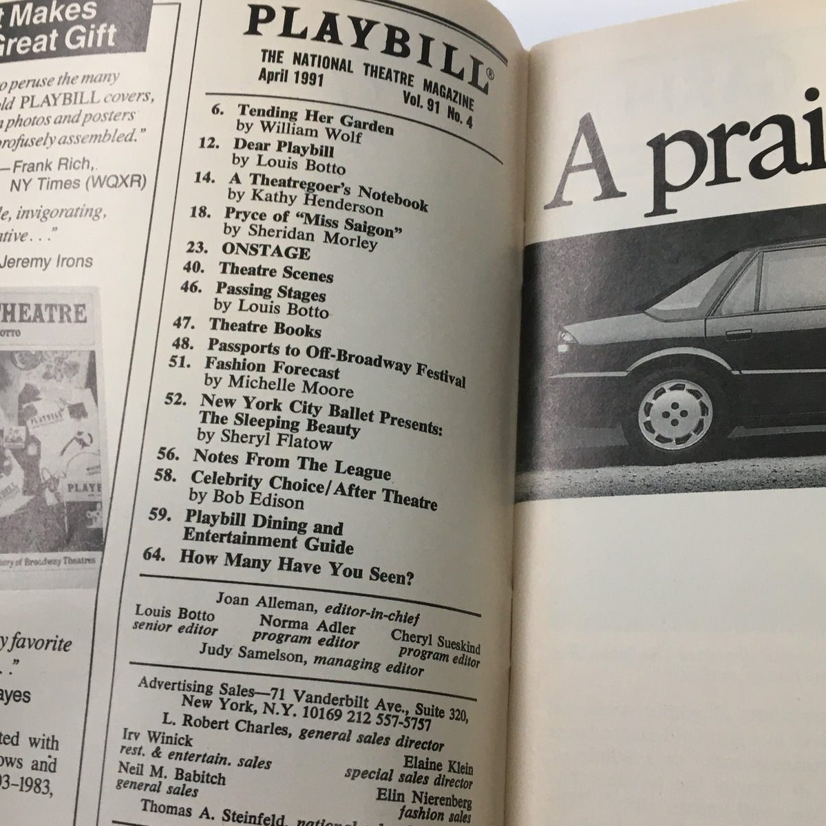 Inside page of a 1991 Playbill for The Secret Garden showcasing contents and articles related to theatre, including various features and advertisements.