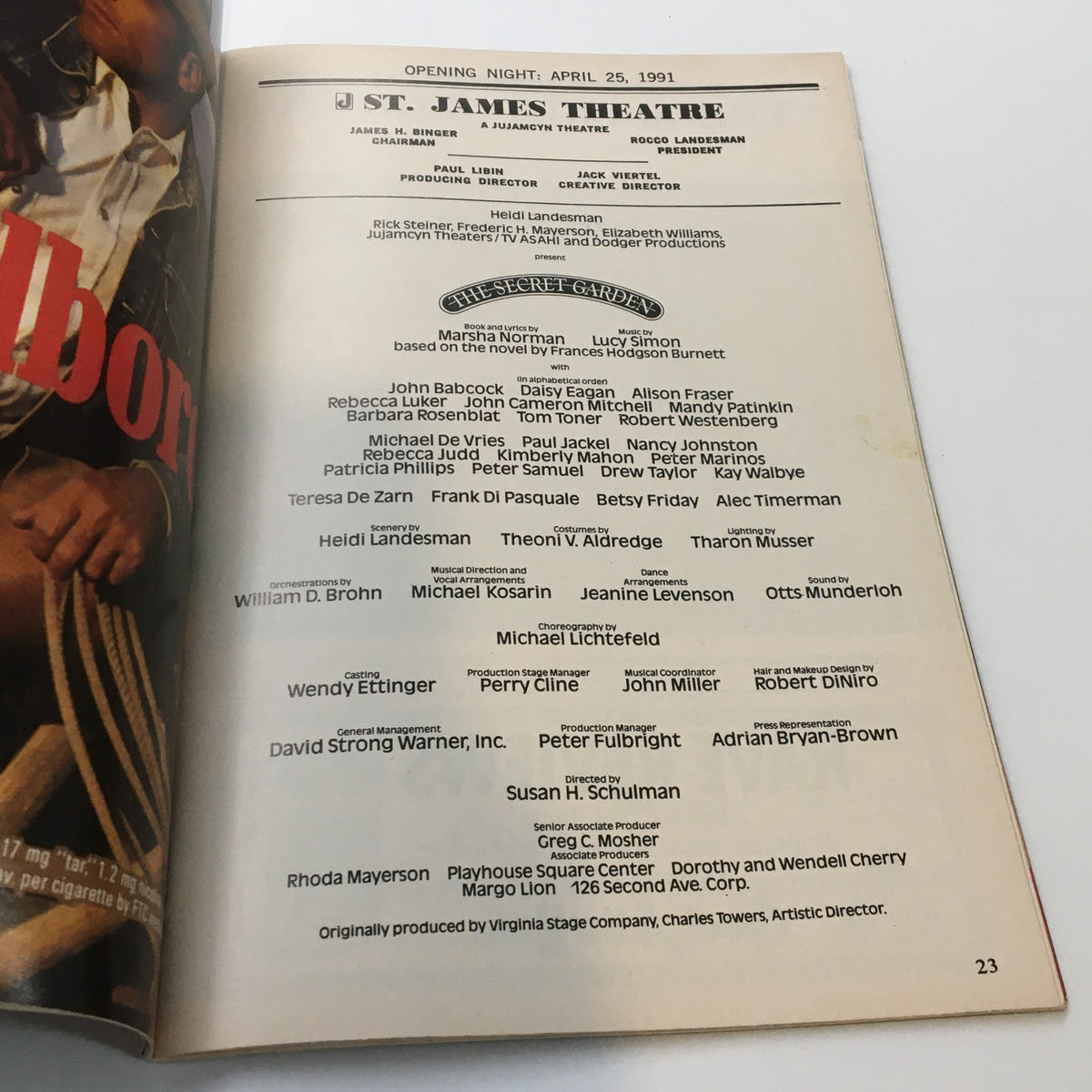 Page from the 1991 Playbill for The Secret Garden detailing the opening night cast and crew credits at St. James Theatre.