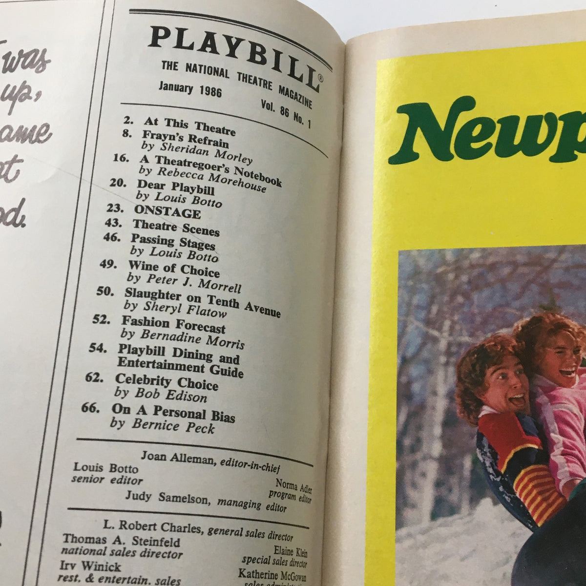 Inside page of the 1986 Playbill for The Mystery of Edwin Drood, featuring a list of productions and articles related to Broadway.