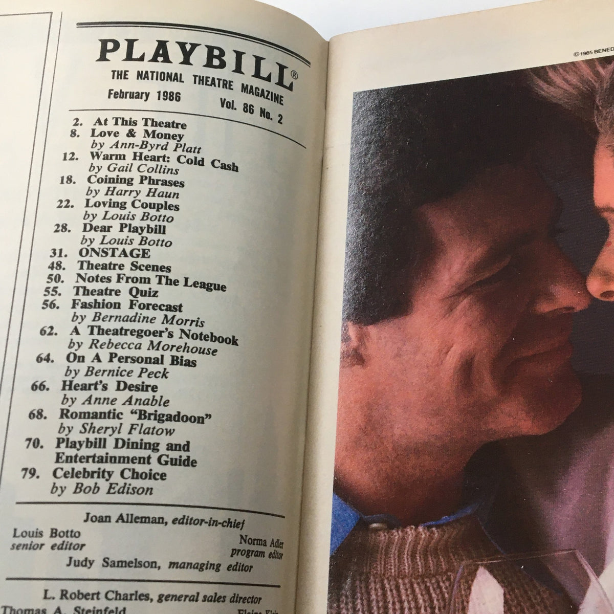 Inside view of the 1986 Playbill for I'm Not Rappaport, detailing the contents of the magazine, including a list of featured shows and articles.