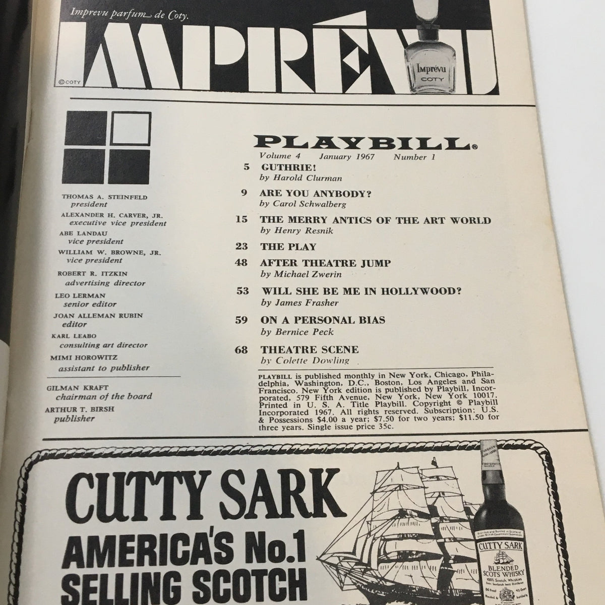 1967 Playbill Royale Theatre featuring Lauren Bacall in Cactus Flower by Abe Burrows, showcasing the table of contents and advertisements.