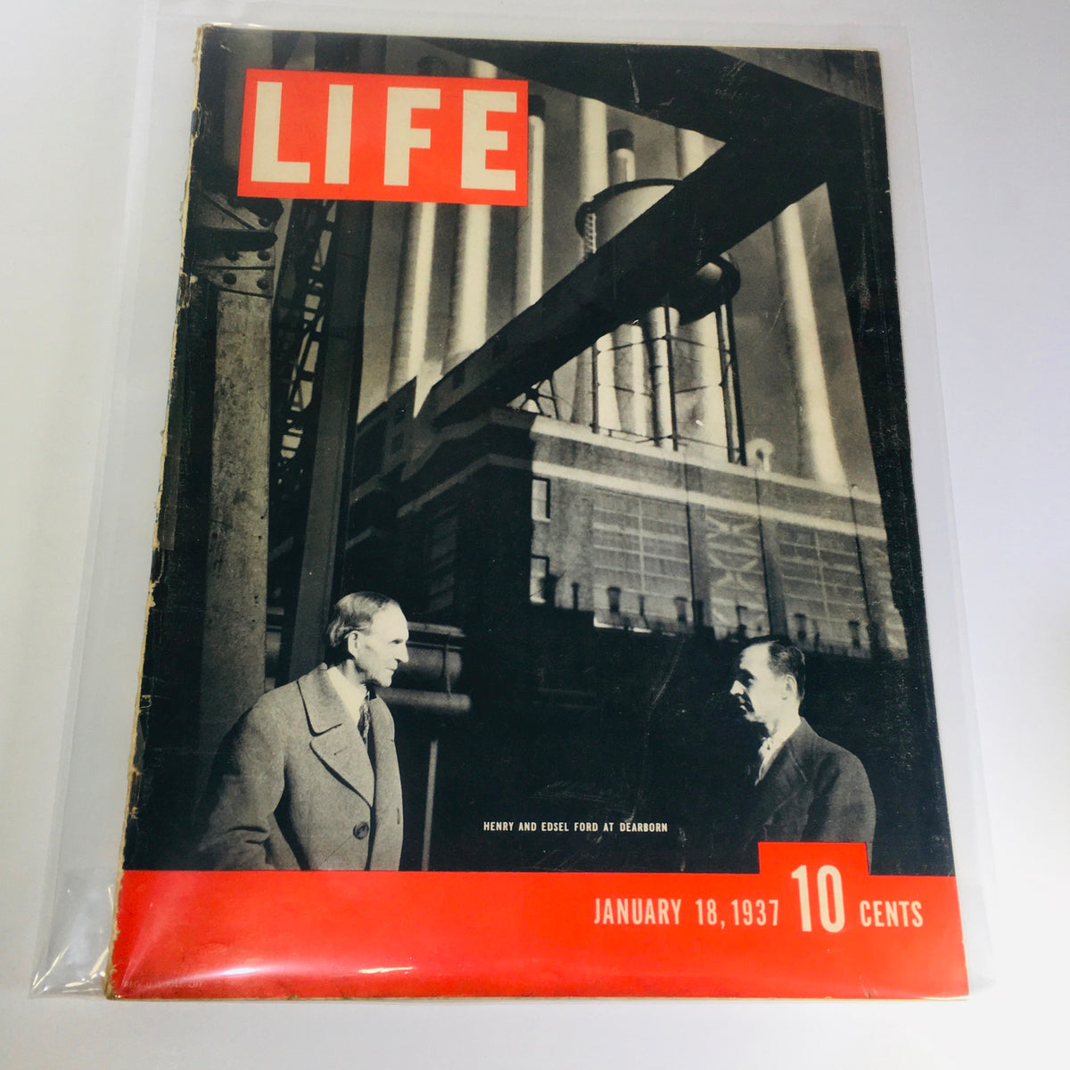 Vintage Life Magazine cover from January 18, 1937, featuring Henry and Edsel Ford at Dearborn, showcasing an iconic moment in automotive history.