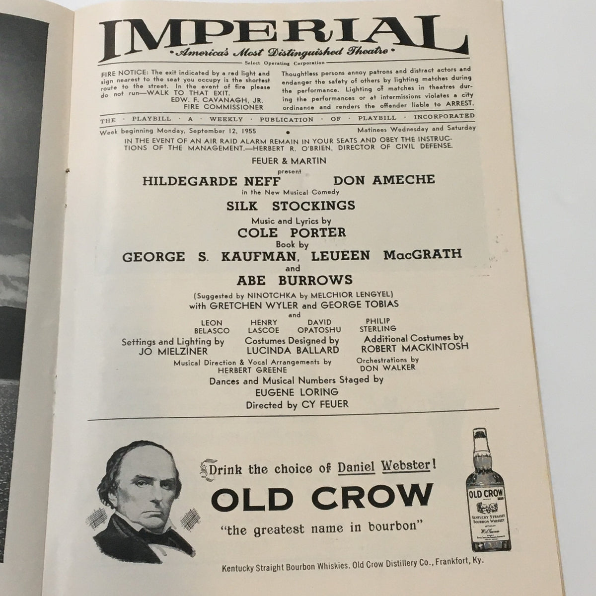 Inside page of the 1955 Playbill for Silk Stockings, listing cast and crew including Hildegarde Neff and Don Ameche, showcasing details of the production.