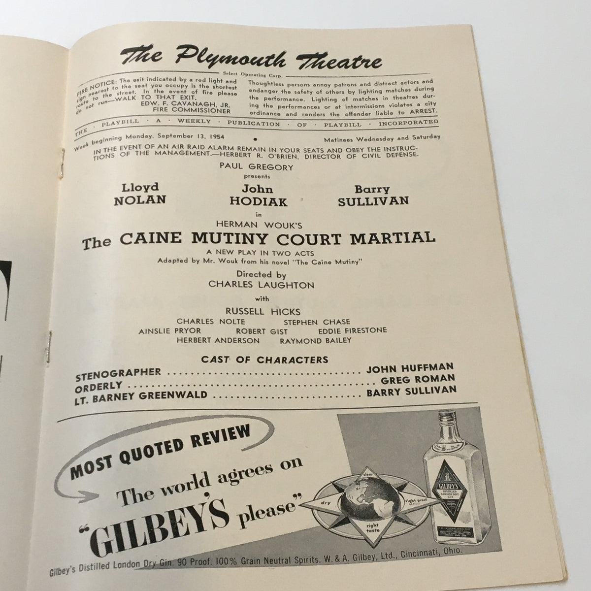 Interior page of the 1954 Playbill for The Plymouth Theatre, presenting cast details and production credits for Herman Wouk's The Caine Mutiny Court Martial.