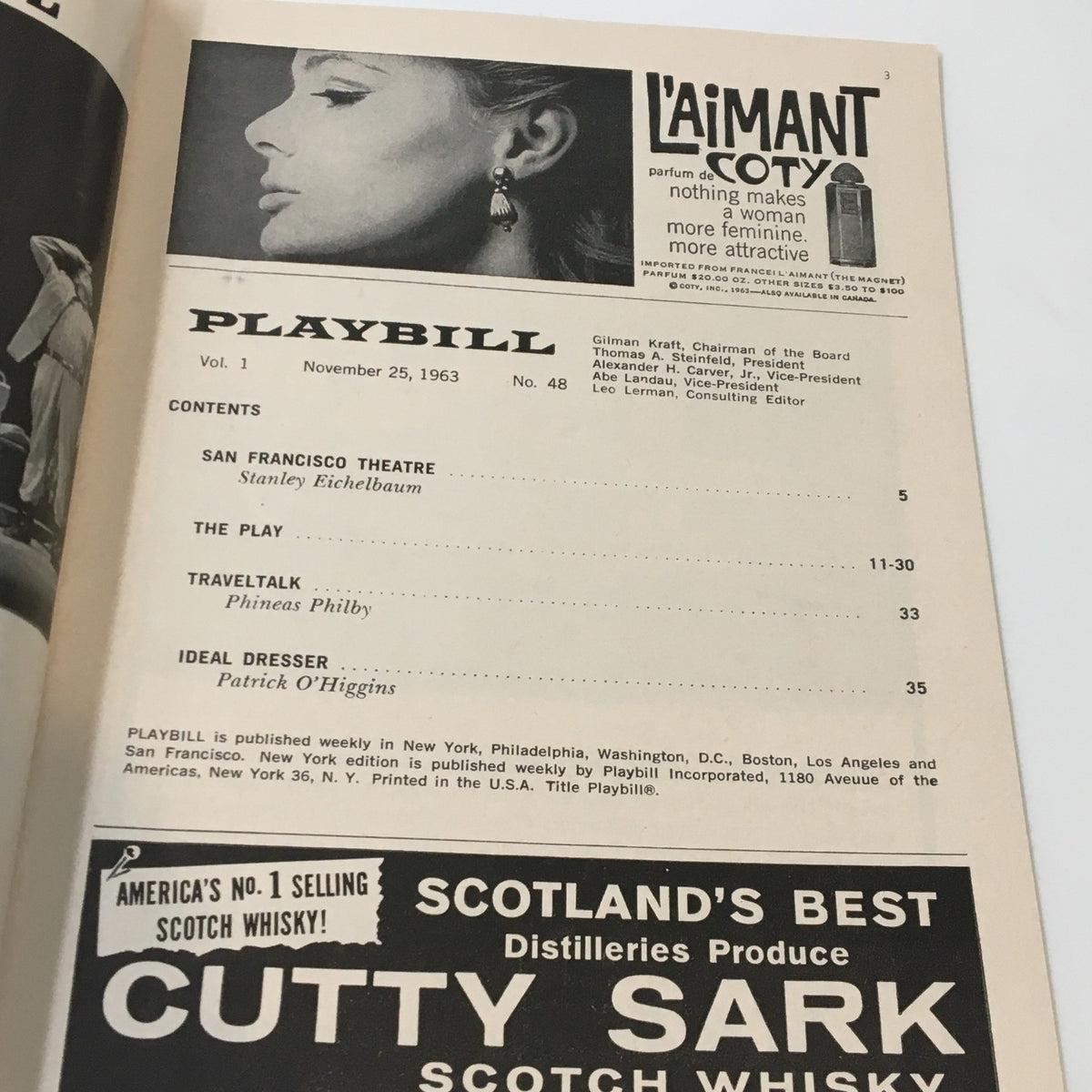 Inside page of the 1963 Playbill, detailing contents including 'San Francisco Theatre' and advertising for Coty perfume.