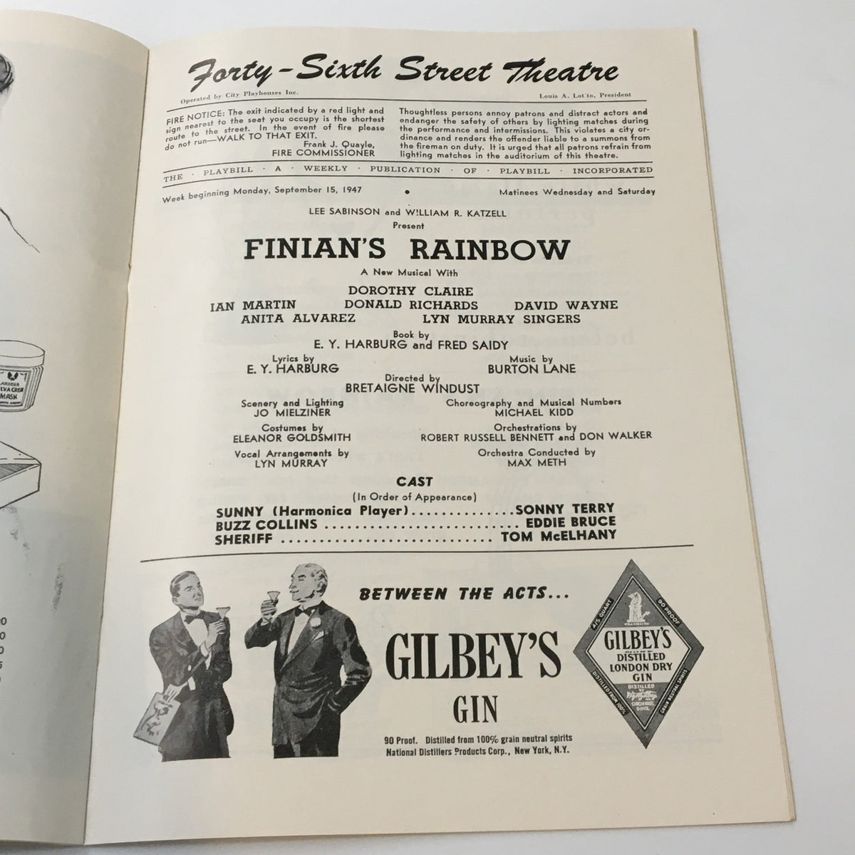 Interior page of the 1947 Playbill for Finian's Rainbow, featuring the cast list and production details at the Forty-Sixth Street Theatre.