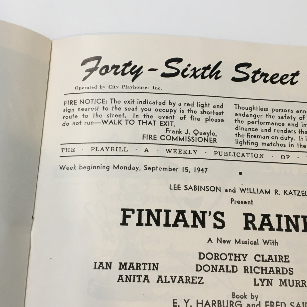 1947 Playbill for Finian's Rainbow at Forty-Sixth Street Theatre, showcasing cast and fire safety notice, with details about the musical including performers Ian Martin, Dorothy Claire, and Anita Alvarez.