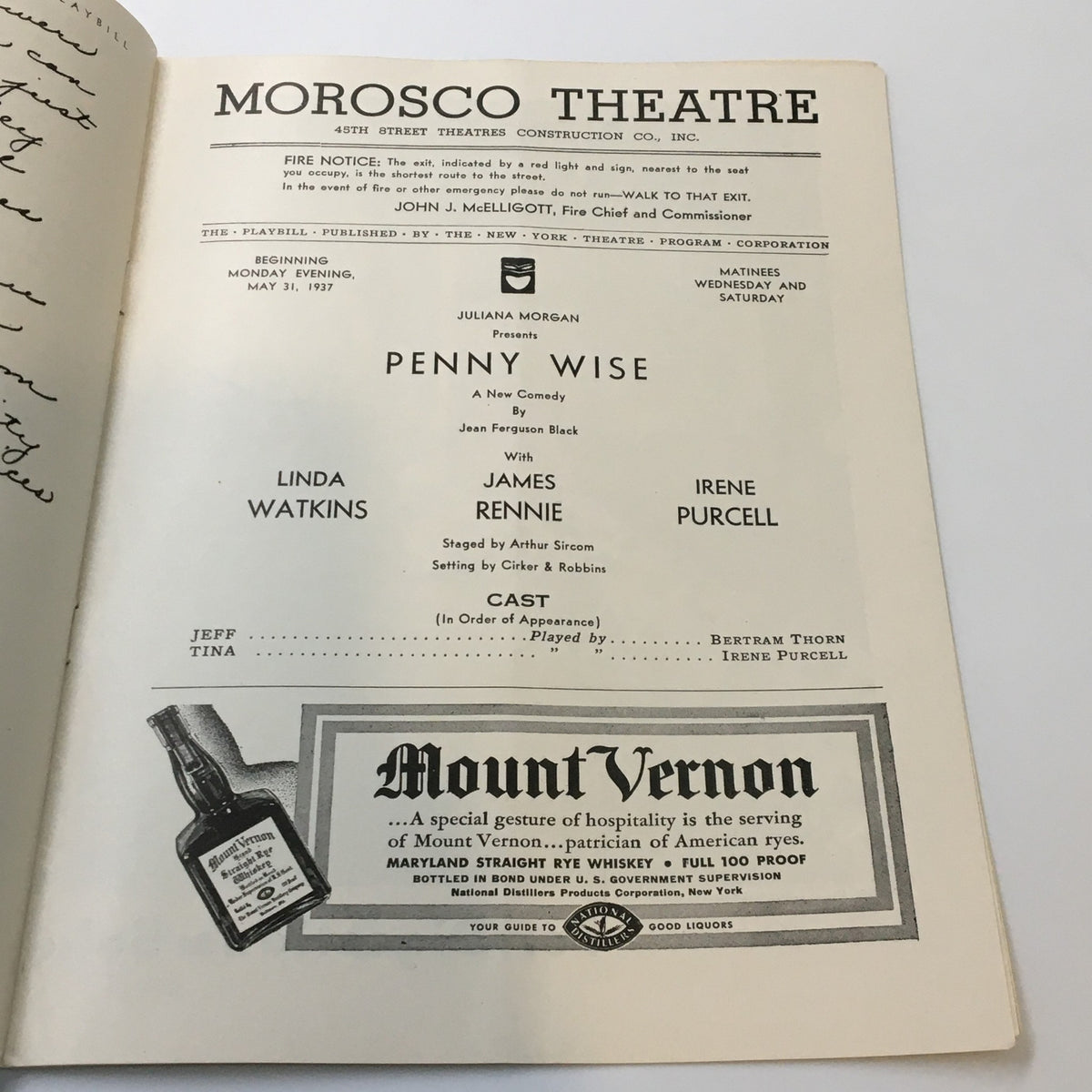 Inside view of the 1937 Playbill from Morosco Theatre for Penny Wise, listing cast and production details including Juliana Morgan and James Rennie.