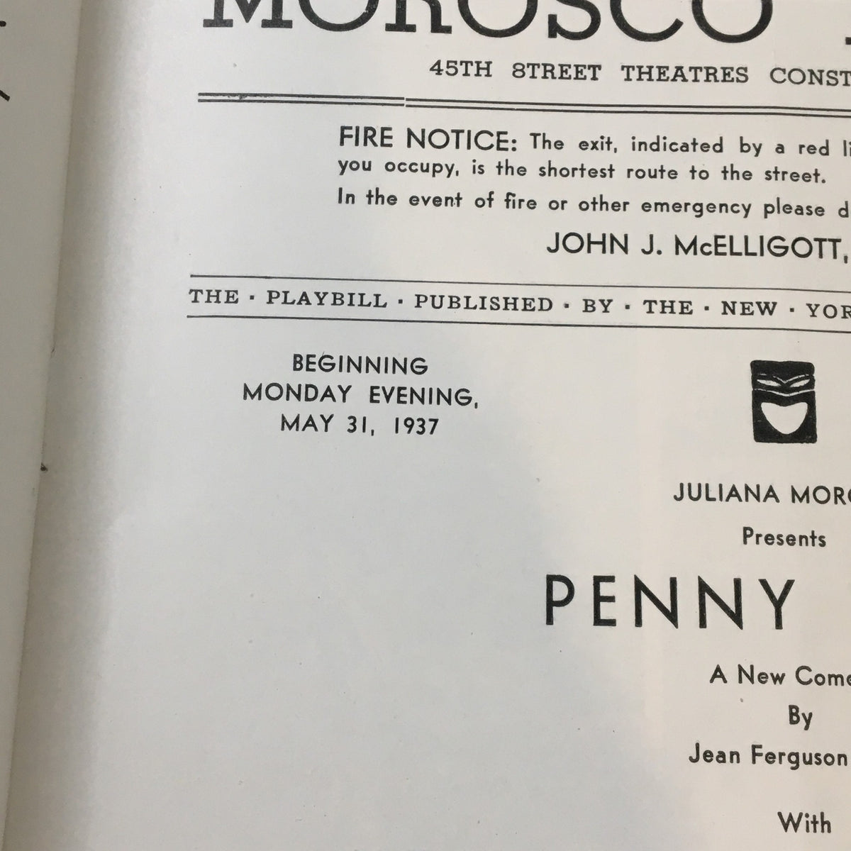 A close-up of the 1937 Playbill from Morosco Theatre featuring detailed production information for Penny Wise, highlighting its historical significance.