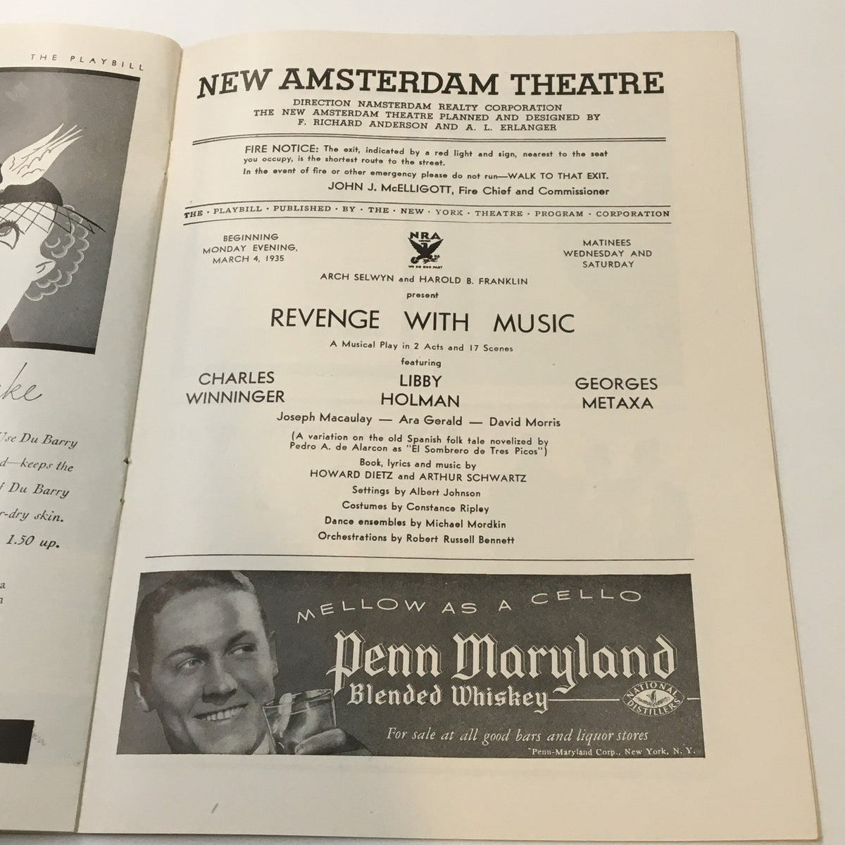 Interior page of the 1935 Playbill from New Amsterdam Theatre for Revenge with Music, listing cast and production details, including Libby Holman.