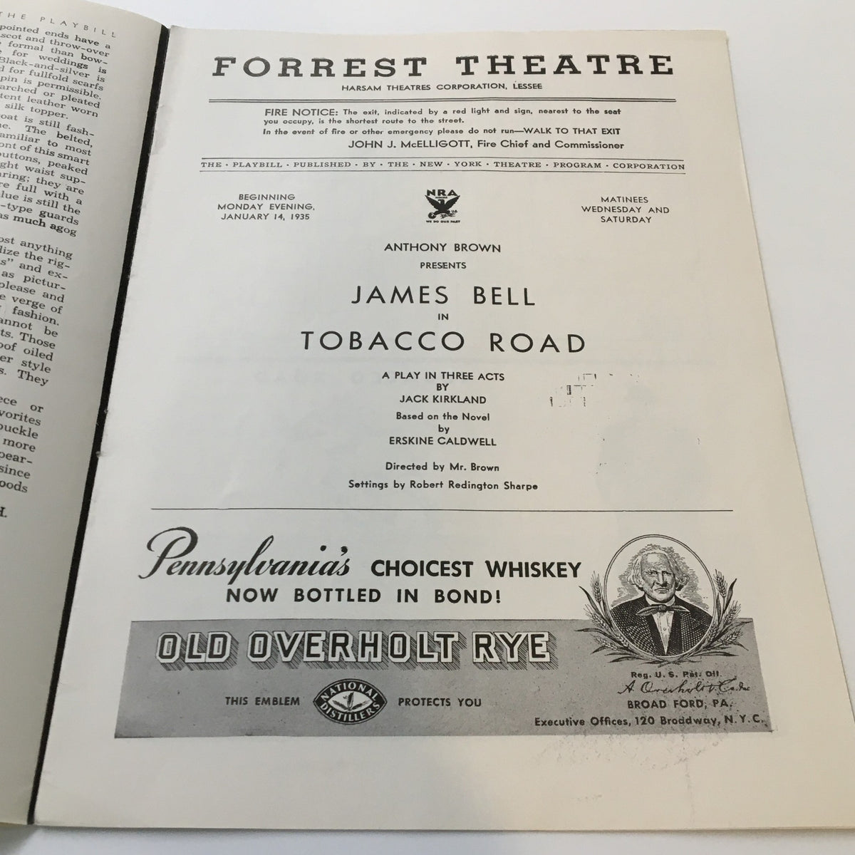 Interior page of the 1935 Playbill from the Forrest Theatre presenting James Bell in Tobacco Road, including details about the play and its director.