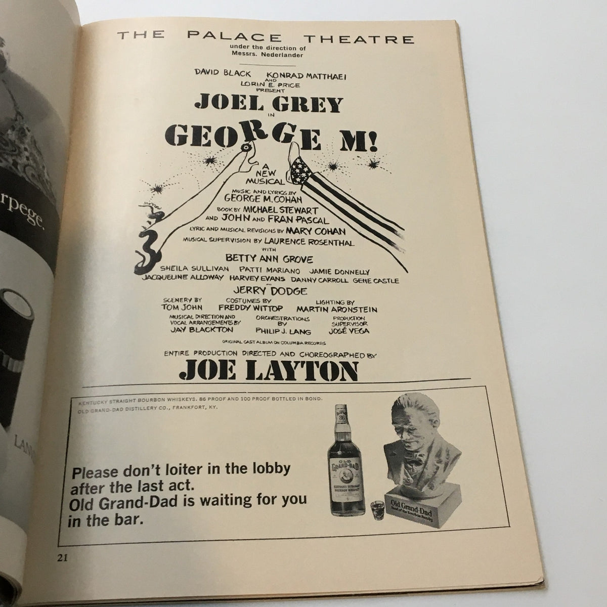 Interior page of the 1965 Playbill for George M featuring Joel Grey, with program details, cast, and production credits, highlighting the iconic Palace Theatre.