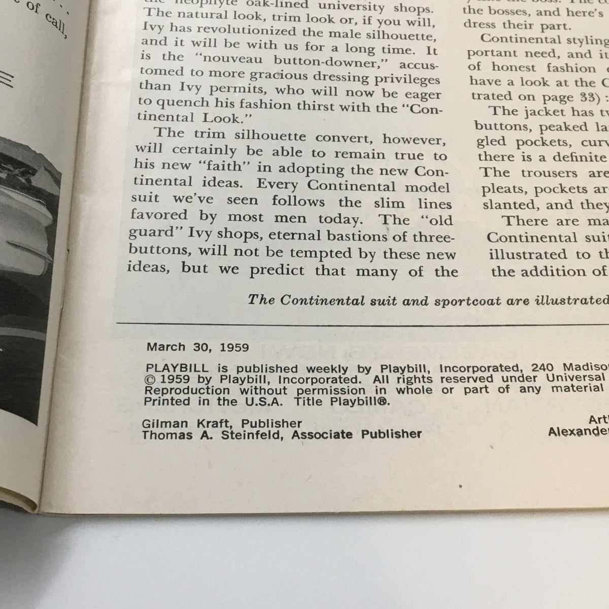 Inside page of the 1959 Playbill Alvin Theatre for First Impressions, detailing cast and production credits, highlighting the show's theatrical heritage.