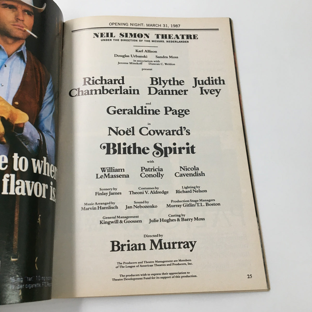 Opening night page from the 1987 Playbill of Noel Coward's Blithe Spirit, listing the cast including Geraldine Page and Richard Chamberlain.