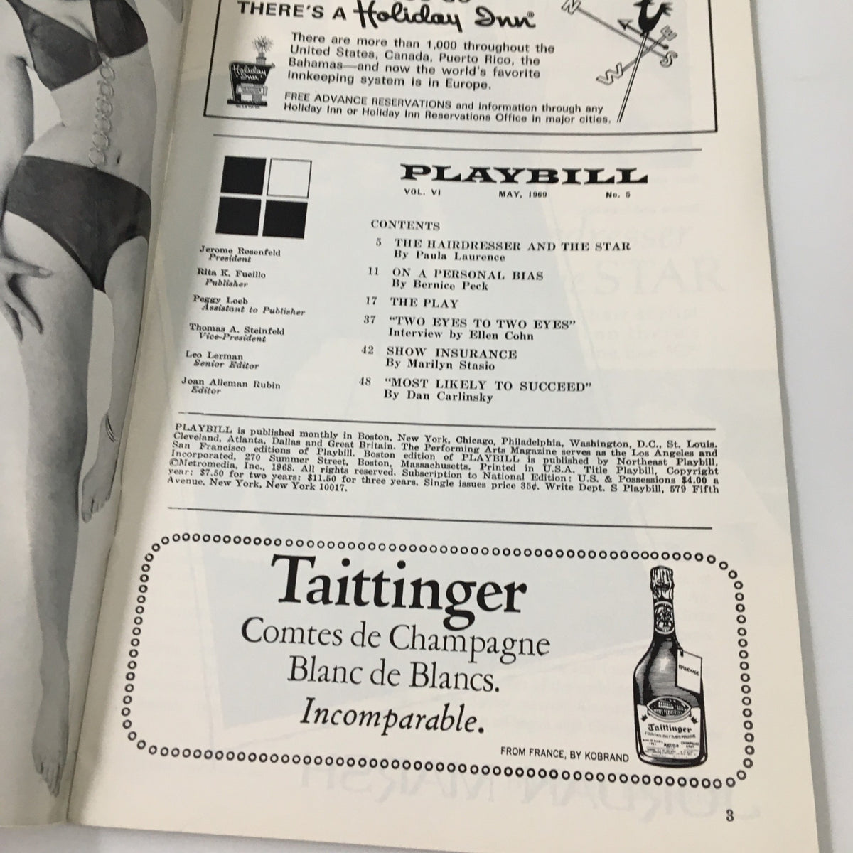 Inside page of the 1969 Playbill for The Boys in The Band by Mart Crowley, displaying contents and advertisements inside the magazine.