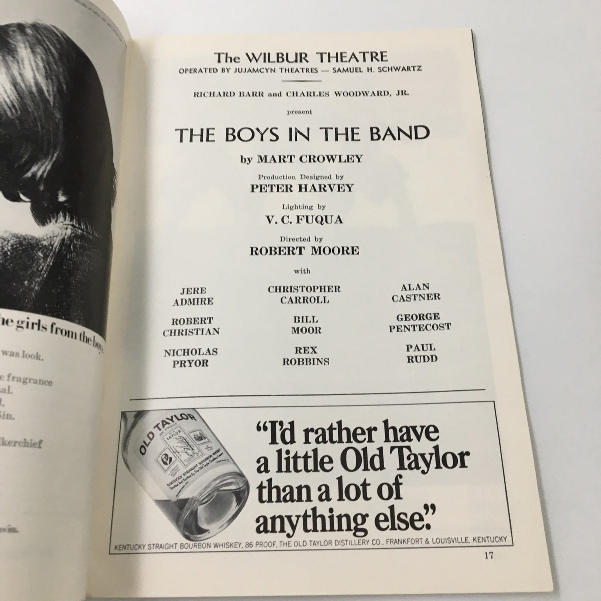 1969 Playbill for The Wilbur Theatre production of The Boys in The Band by Mart Crowley, featuring cast and crew details along with an advertisement for Old Taylor Bourbon Whiskey.