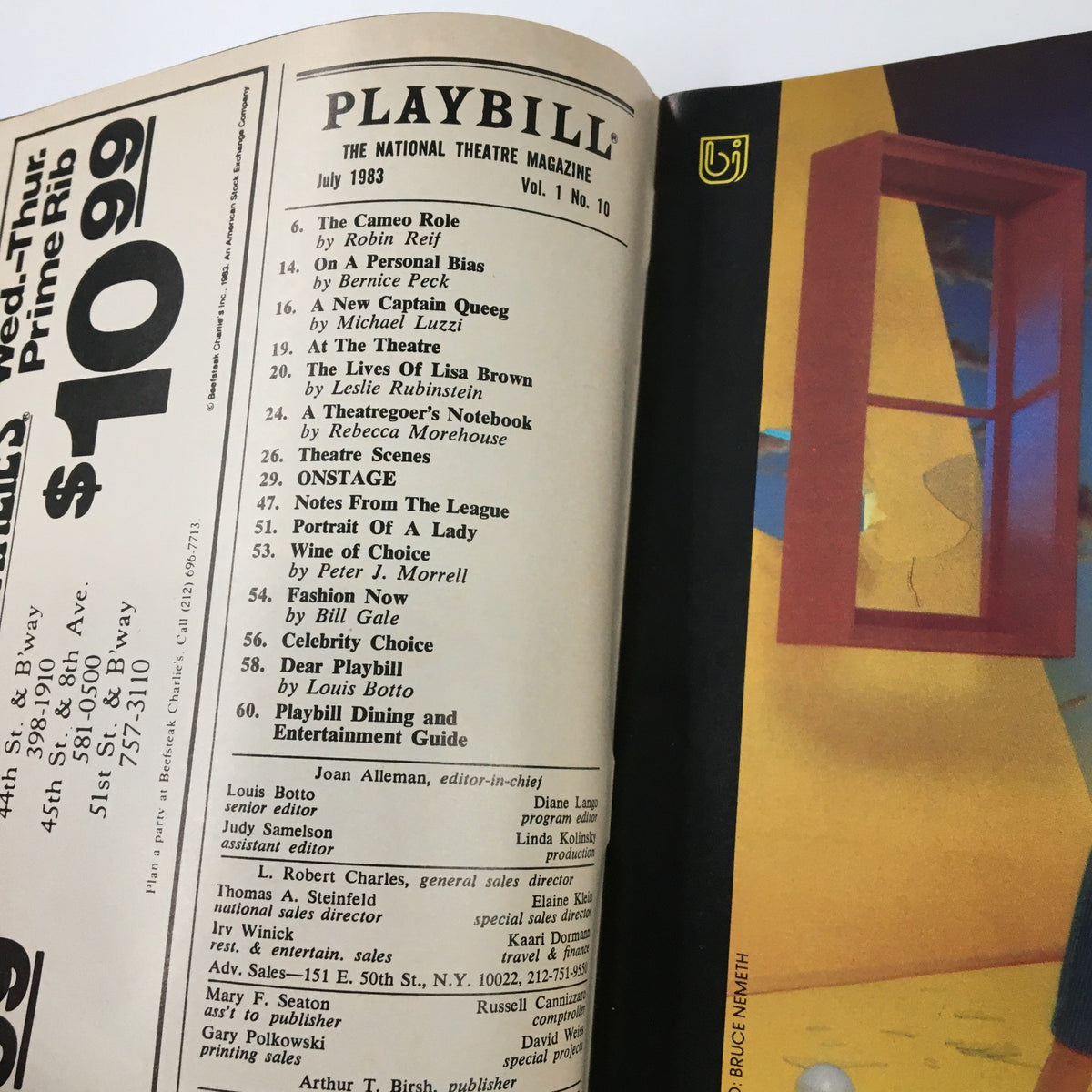 Inside pages of the July 1983 Playbill The National Theatre Magazine, showcasing contents and articles related to theatre, including features from notable writers and highlights of performances.