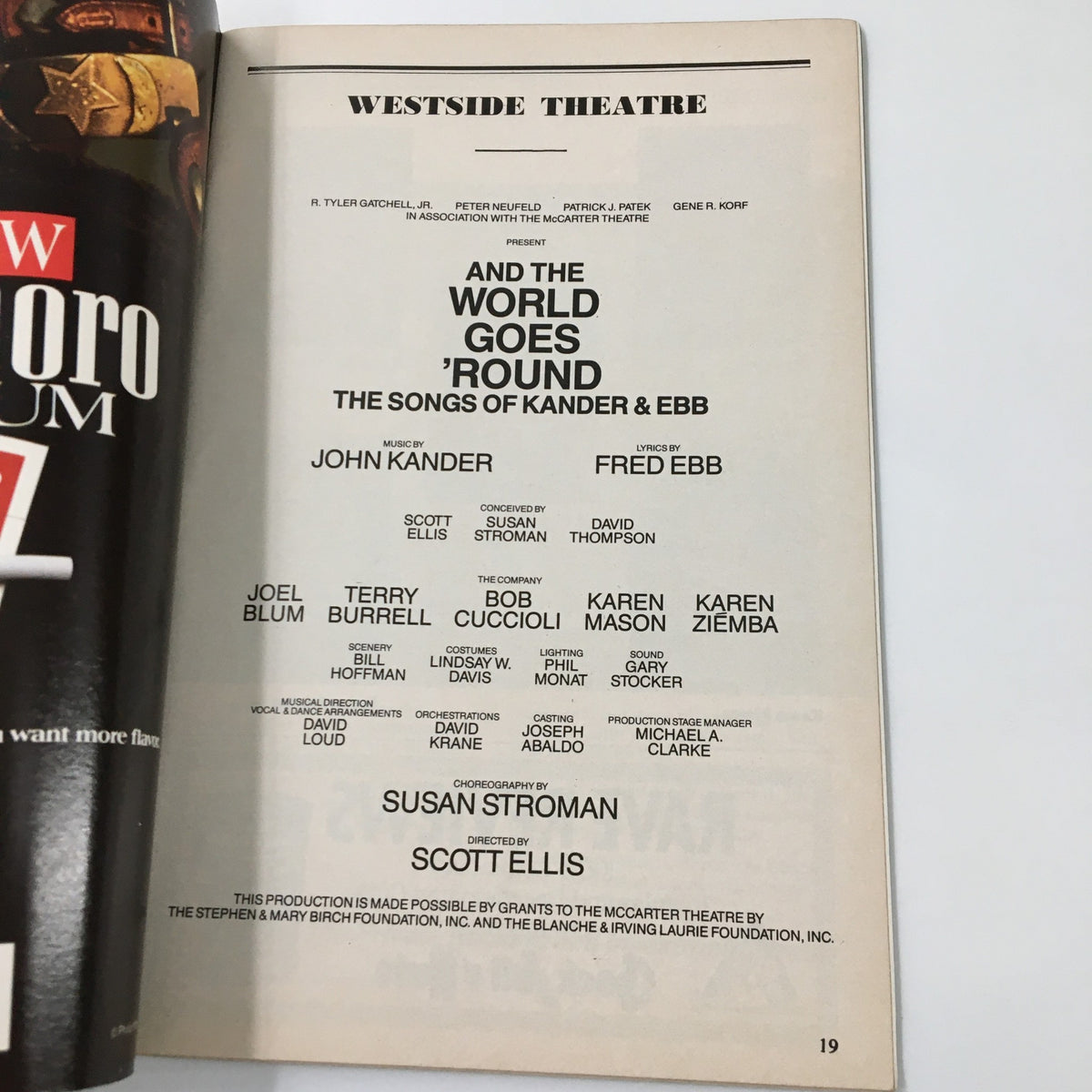 Cast list page from the 1991 Playbill for The World Goes 'Round, detailing the talented musicians and contributors including John Kander and Fred Ebb.