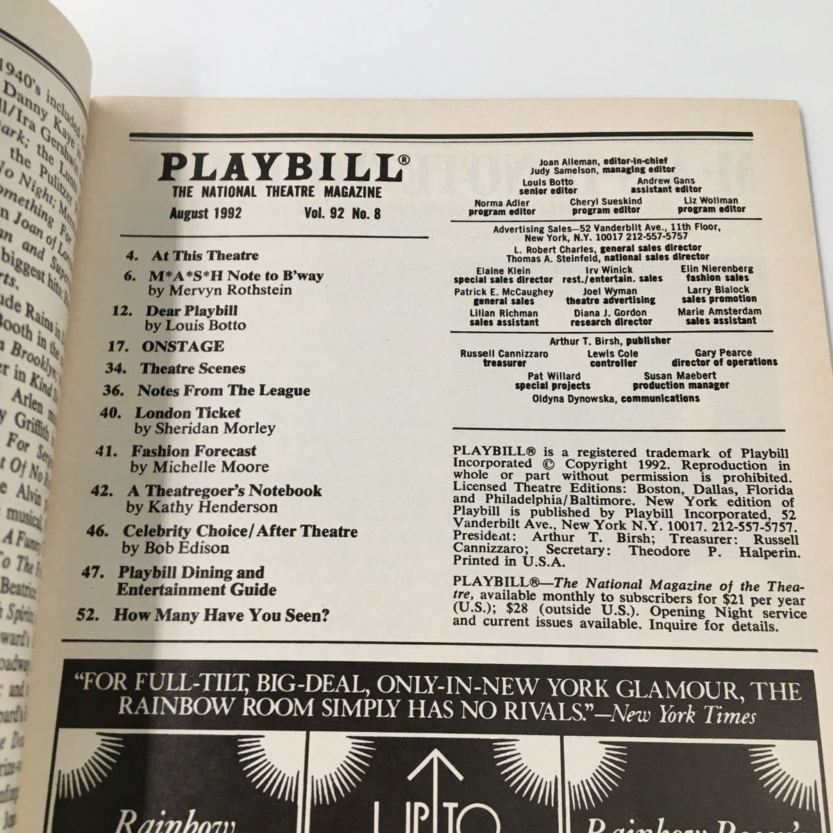 Inside page of the 1992 Playbill for Neil Simon's "Jake's Women" showcasing listings and theater magazine features.