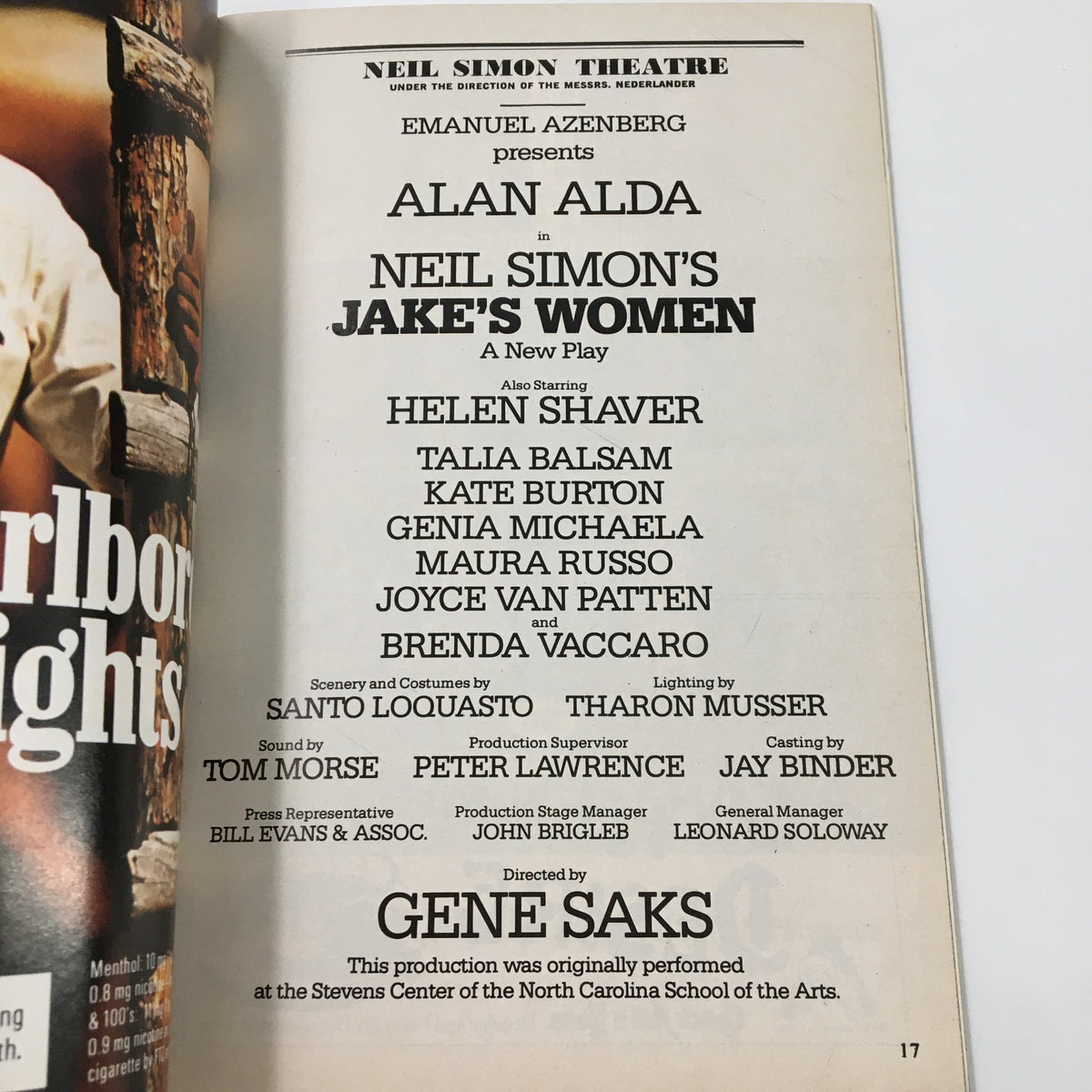 Credits page of the 1992 Playbill for Neil Simon's "Jake's Women" detailing the cast, crew, and production team.