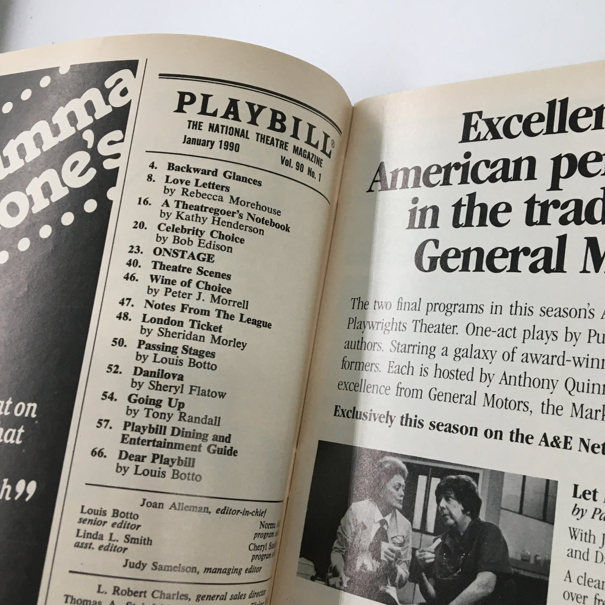 Inside page of the 1990 Playbill from Virginia Theatre showcasing the contents and advertisements, highlighting moments from the musical City of Angels.