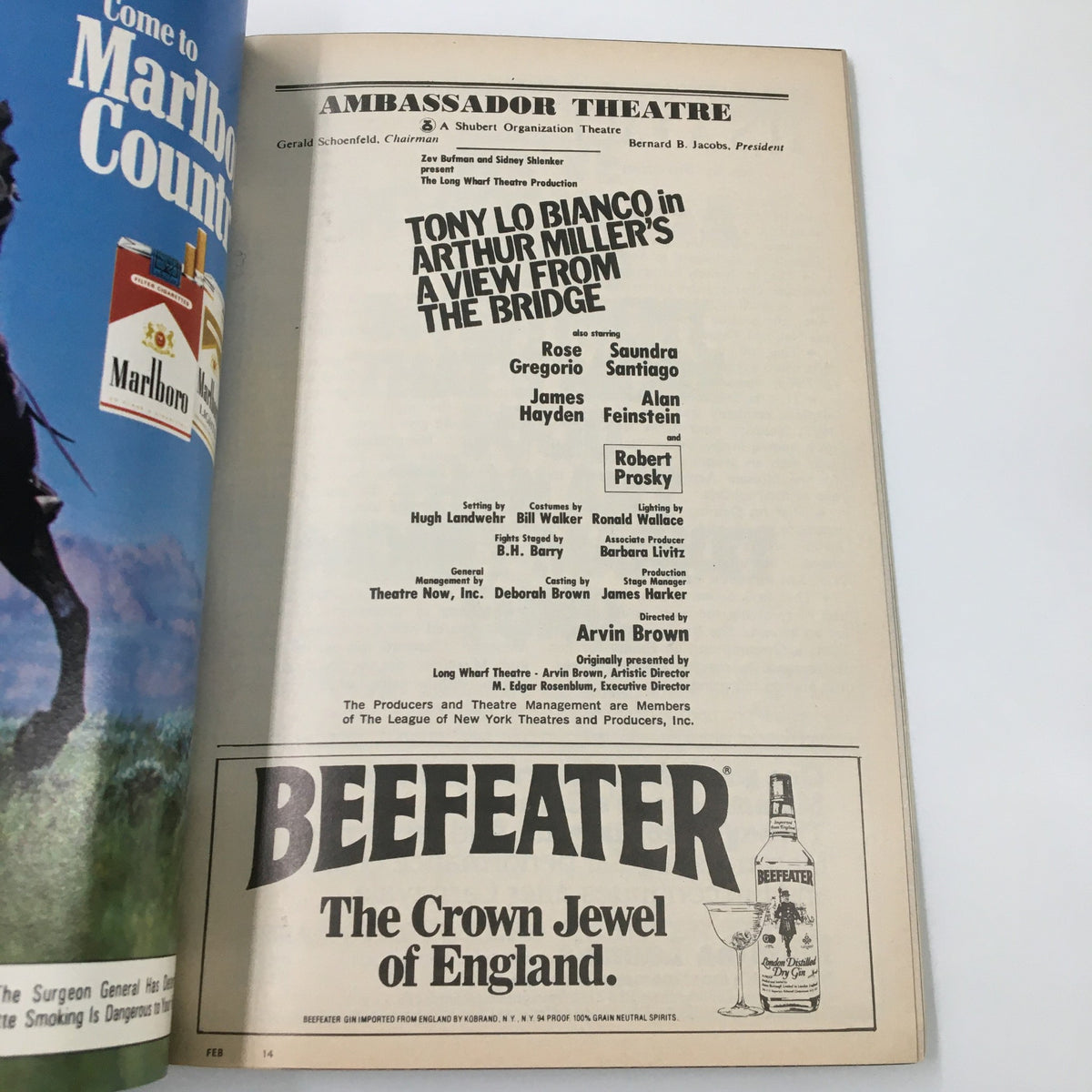 1983 Playbill Ambassador Theatre showcasing Tony Lo Bianco in Arthur Miller's A View From The Bridge with cast details and production credits.