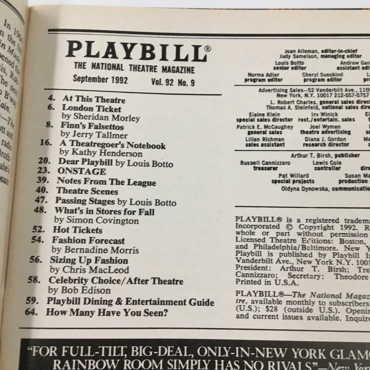 Inside page of the 1992 Playbill for Falsettos showcasing contents including articles and features related to the musical, marking a notable theatrical publication.