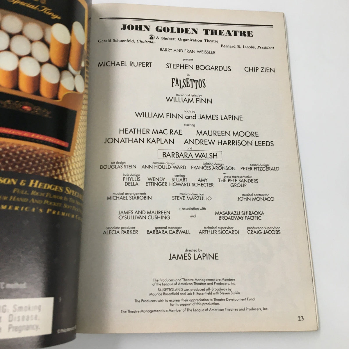 Another page from the 1992 Playbill for Falsettos, listing cast and crew details for the performance at the John Golden Theatre, emphasizing the production's iconic personnel.