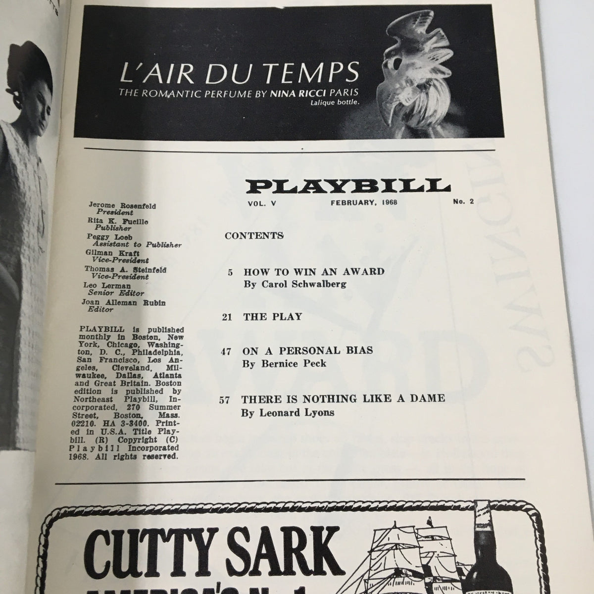 Interior page of the 1968 Playbill from The Colonial Theatre, listing contents and articles, including a feature on George C. Scott in Neil Simon's Plaza Suite.