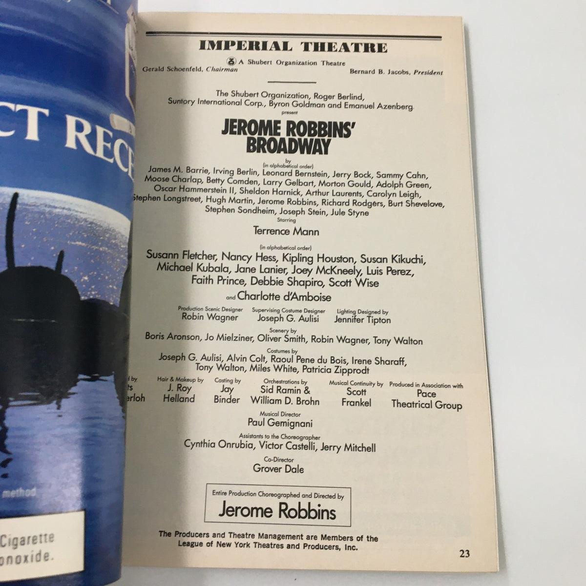 Inside page of the 1989 Playbill for Jerome Robbins' Broadway, detailing the cast and production credits at Imperial Theatre.