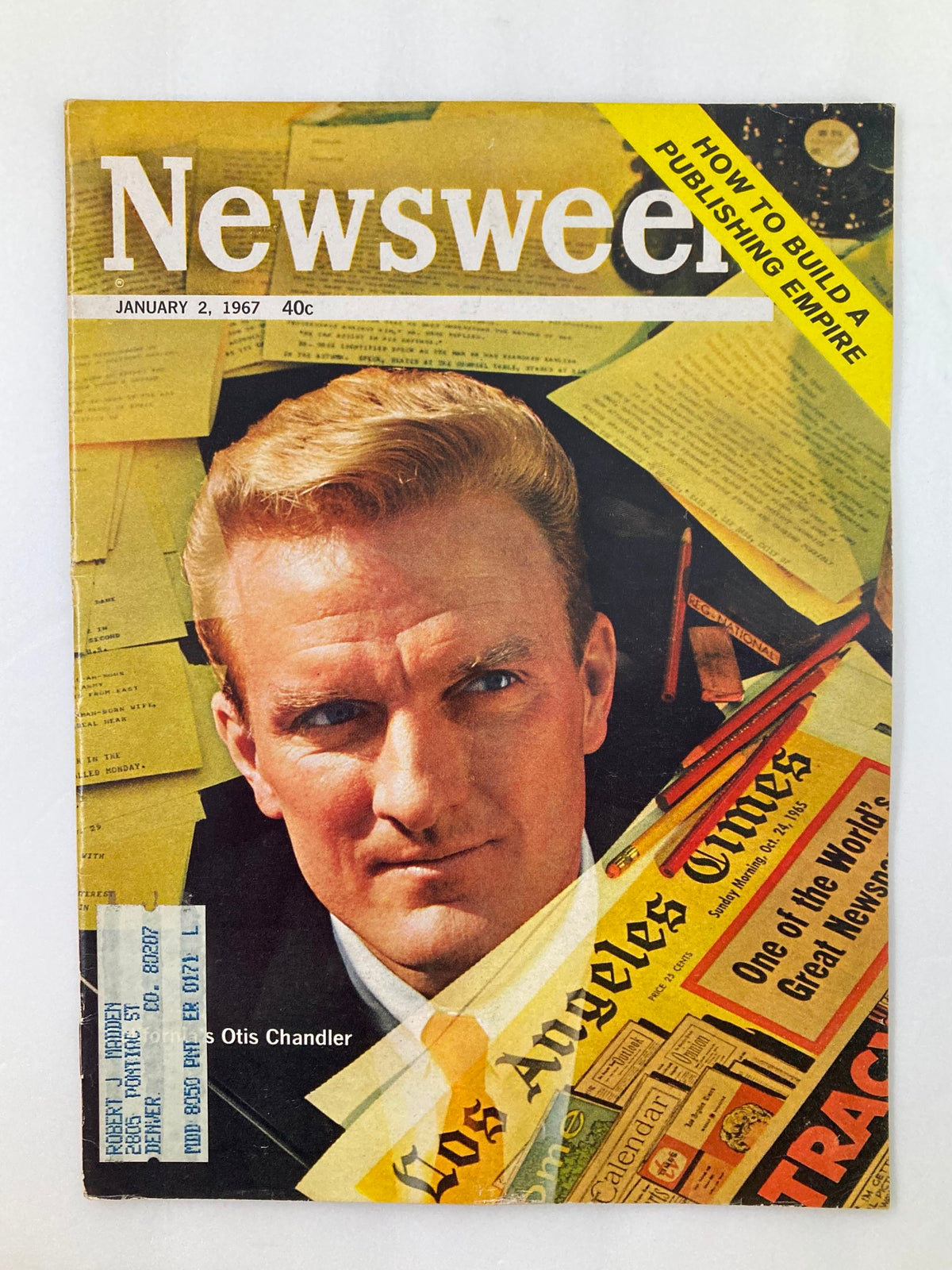 Vintage Newsweek Magazine cover from January 2, 1967, featuring Otis Chandler, with a headline on building a publishing empire and a backdrop of newspaper clippings.