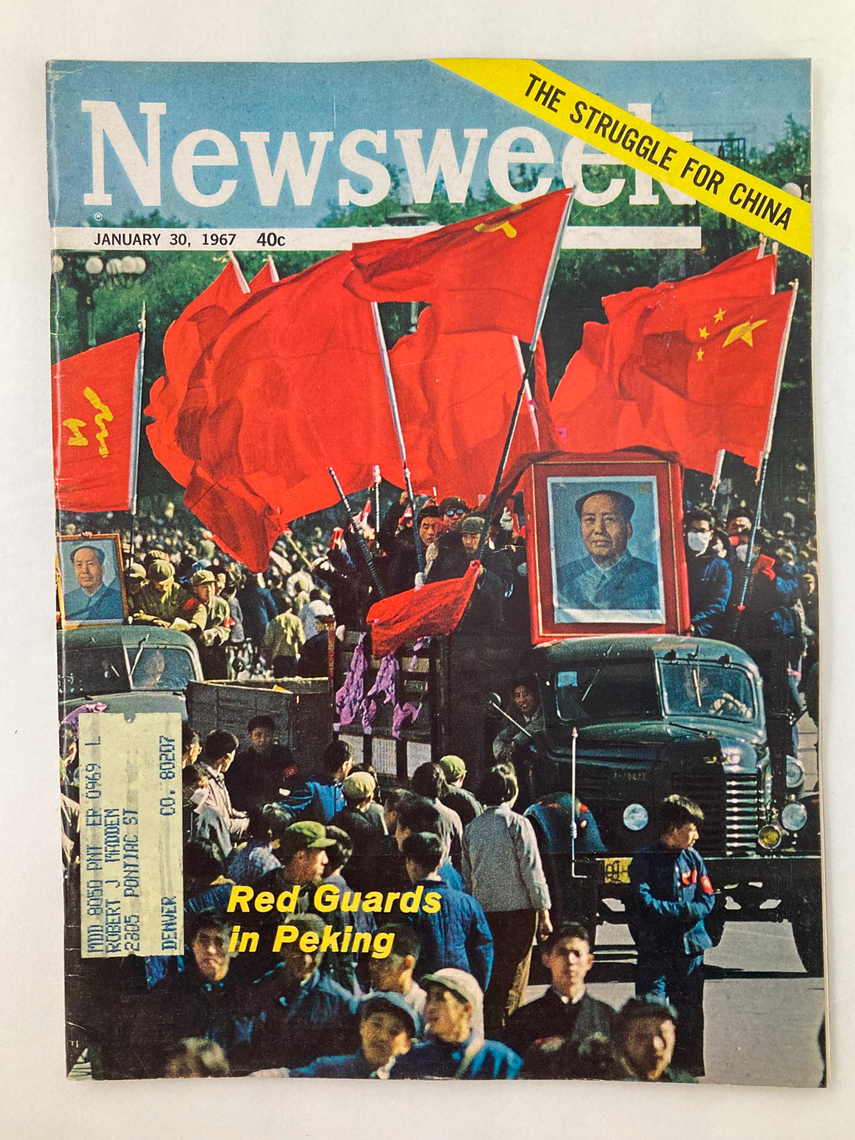 Cover of VTG Newsweek Magazine from January 30, 1967, depicting a scene of Red Guards in Peking with Chinese flags during the cultural revolution, highlighting the struggle for China.