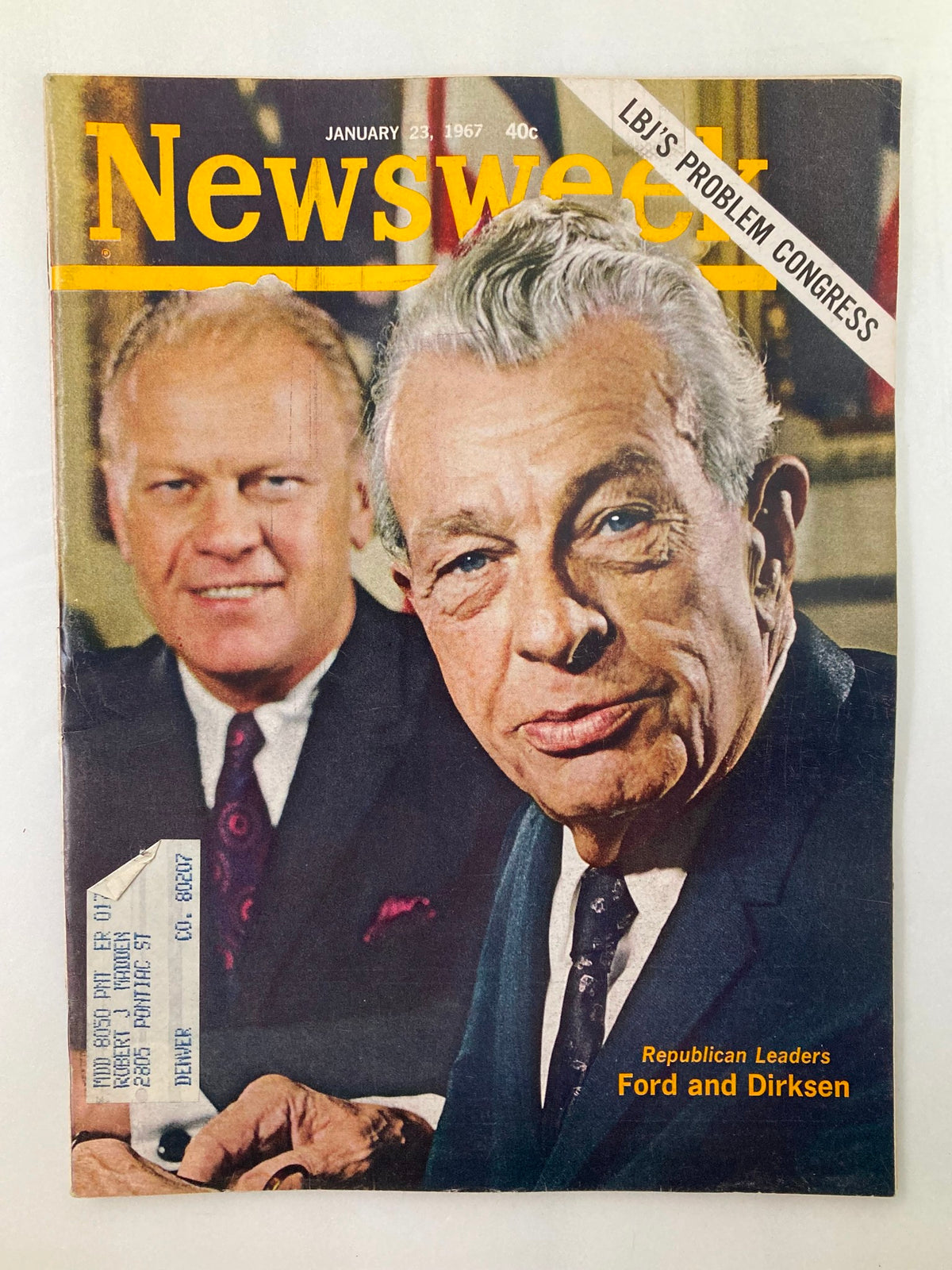 Cover of VTG Newsweek Magazine from January 23, 1967, featuring Republican leaders Gerald Ford and Everett Dirksen, highlighting the political issues of the era with text 'LBJ's Problem Congress'.