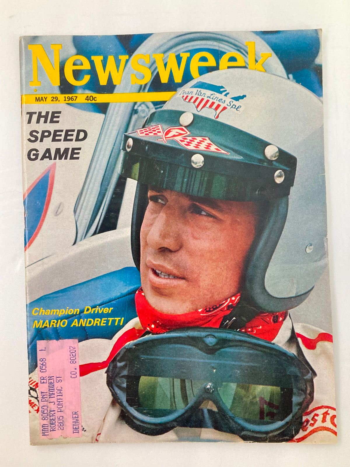 Cover of VTG Newsweek Magazine May 29 1967 featuring Champion Driver Mario Andretti with the headline 'The Speed Game', showcasing his racing helmet and goggles.
